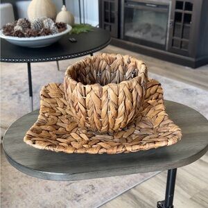 Handwoven Basket And Tray Two Piece Set